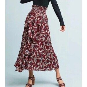 Mynah's Reynu Taandon Keshika Skirt Womens Small Maxi Ruffle Floral Leaves Red